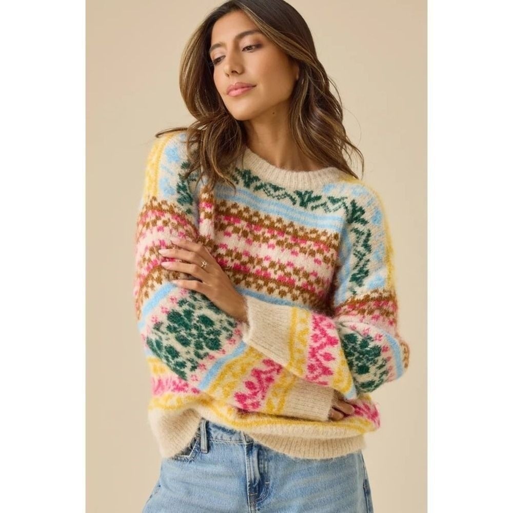 Altar'd State Womens Size XXS Fair Isle Crew Neck Sweater Multi Color Fuzzy Knit